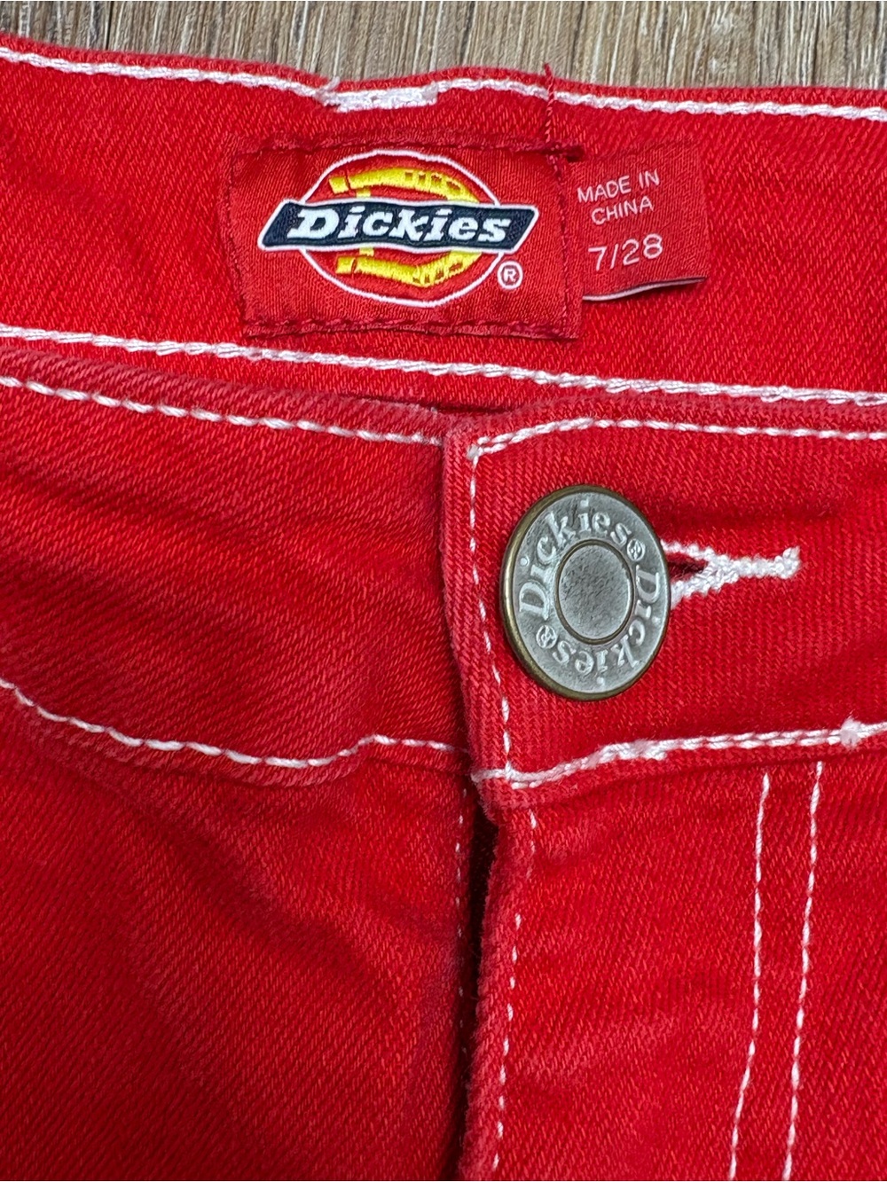 Dickies Women's Bright Red Cotton Stretch Jean Shorts - Picture 3 of 8